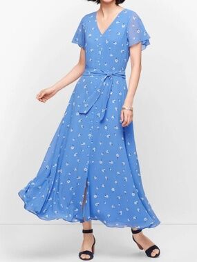 Talbots Midi Dress Scattered Floral Tie Front Belted Flowy Chiffon Short Sleeve